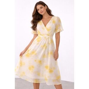 DKNY Womens Yellow White Floral Faux Wrap Midi Dress Tie Waist Size 10